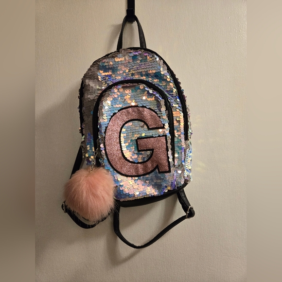 Justice Girls Mini Backpack Flip Sequin with Initial G, Silver & Pink Pom Pom - Picture 5 of 10